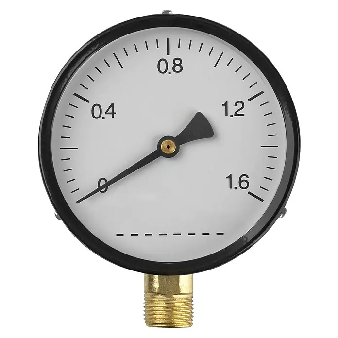 Walteco Rusticline Manometer - Stahl, Schwarz - Nahaufnahme eines schwarzen Druckmessers mit Messinganschluss, der einen Druck von etwa 1,1 bar anzeigt.