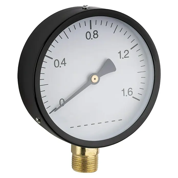 Walteco Rusticline Manometer - Stahl, Schwarz - Nahaufnahme eines schwarzen Manometers mit einer Skala von 0 bis 1,6 und einem Zeiger, der knapp unter 0,2 anzeigt.