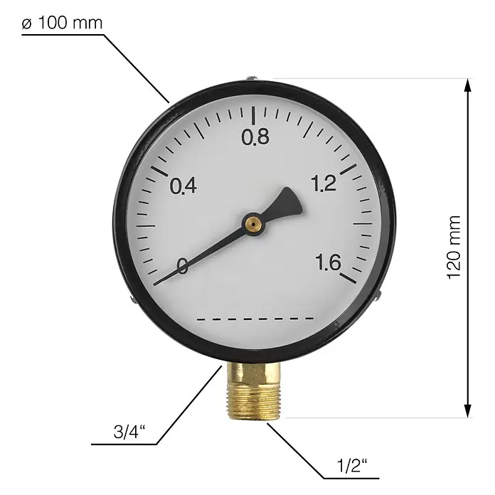 Walteco Rusticline Manometer - Stahl, Schwarz - Manometer mit einer Anzeige von 0 bis 1,6 und den Maßen 100 mm Durchmesser und 120 mm Höhe, Anschlussgewinde 3/4" und 1/2".