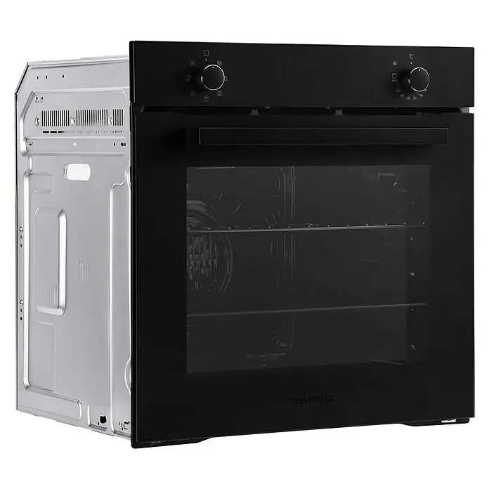Respekta Einbaubackofen Janis - Anzahl Beheizungsarten: 7 Stk., Volumen Backofen: 72 l - Schwarzer Backofen zur Kücheninstallation. Das Gerät verfügt über ein Bedienfeld mit zwei Drehknöpfen und eine Glastür.