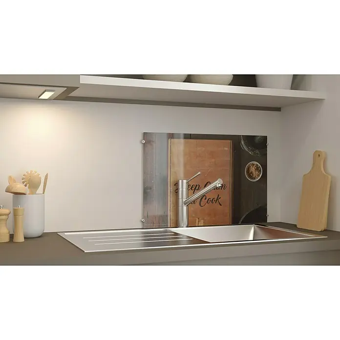 CUCINE Küchenrückwand - Keep Calm and Cook, 60 x 40 cm, Stärke: 6 mm, Einscheibensicherheitsglas (ESG) - Das Spülbecken-Set mit Abtropffläche aus Edelstahl ist ein optisches Highlight in jeder Küche. Praktisch & modern.