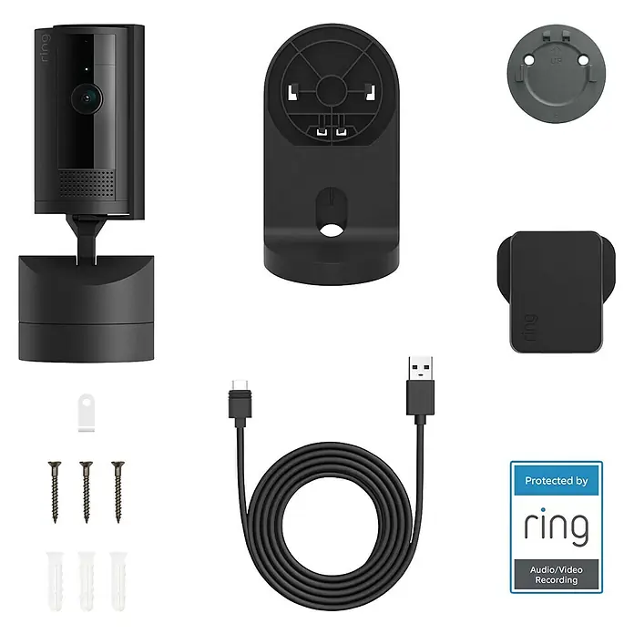 Ring Innenkamera beweglich Pan-Tilt Indoor Camera - 1.080 Pixel (Full HD), Schwarz - Produktbild der Ring Stick Up Cam Battery mit Zubehör. Die kabellose Kamera für flexible Sicherheit im ganzen Haus.