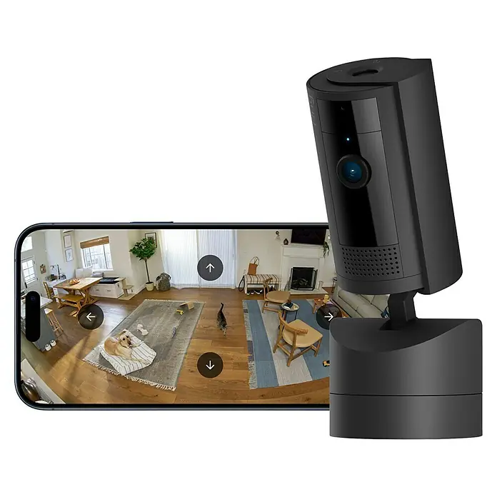 Ring Innenkamera beweglich Pan-Tilt Indoor Camera - 1.080 Pixel (Full HD), Schwarz - Intelligente Ring-Überwachungskamera mit Smartphone-Ansicht des überwachten Raums, zeigt Hund und Katze.