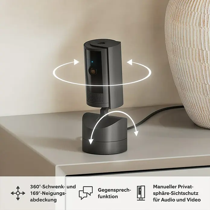 Ring Innenkamera beweglich Pan-Tilt Indoor Camera - 1.080 Pixel (Full HD), Schwarz - Das Bild zeigt eine Ring Sicherheitskamera mit 360°-Schwenk- und 169°-Neigungsabdeckung, Gegensprechfunktion und manuellem Sichtschutz.