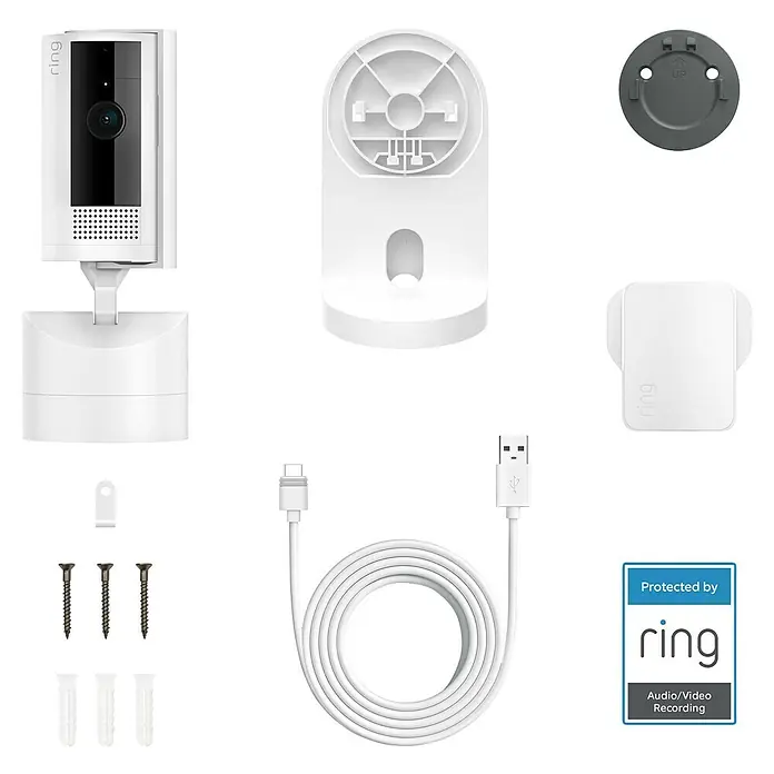 Ring Innenkamera beweglich Pan-Tilt Indoor Camera - 1.080 Pixel (Full HD), Weiß - Dieses Bild zeigt ein Ring Spotlight Cam Pro-Produkt, das mit verschiedenen Zubehörteilen für die Installation und Verwendung geliefert wird.