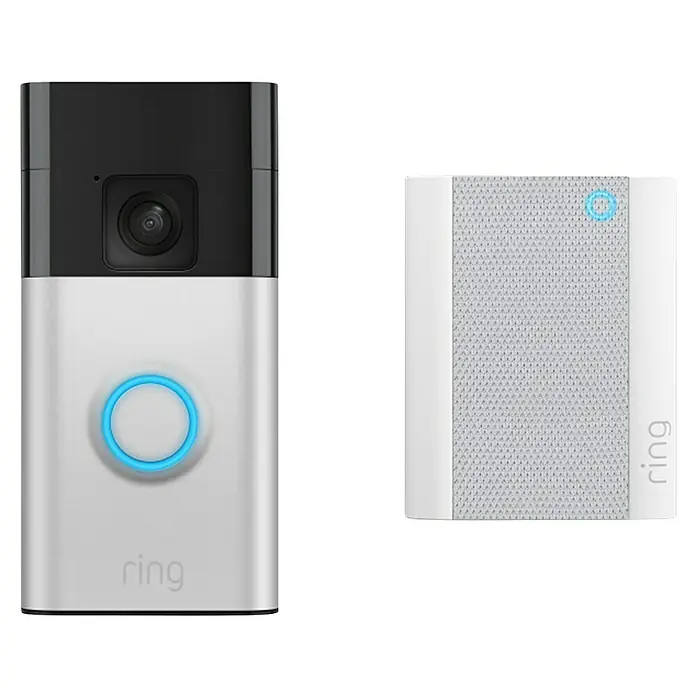 Ring Set Türklingel mit Kamera Video Doorbell Akku + Chime Akku (2nd Gen) - Nickel, 2.560 x 1.440 Pixel, 2,3 x 6,19 x 12,65 cm - Intelligente Ring-Türklingel mit HD-Video, Gegensprechfunktion, Bewegungserkennung und WLAN-Konnektivität, ideal für die Sicherheit zu Hause.