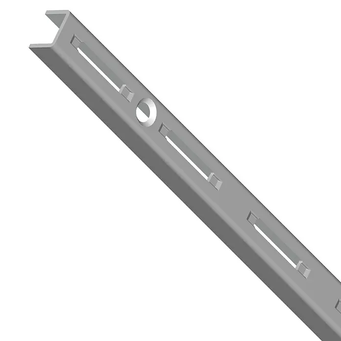 Element System Wandschiene EL 50 - Länge: 200 cm, Weiß/Aluminium, Passend für: Träger mit Raster 50 mm, Einlochsystem - Das Bild zeigt eine graue Regalschiene mit Schlitzen und einem Loch, die zur Wandmontage für Regalsysteme dient.
