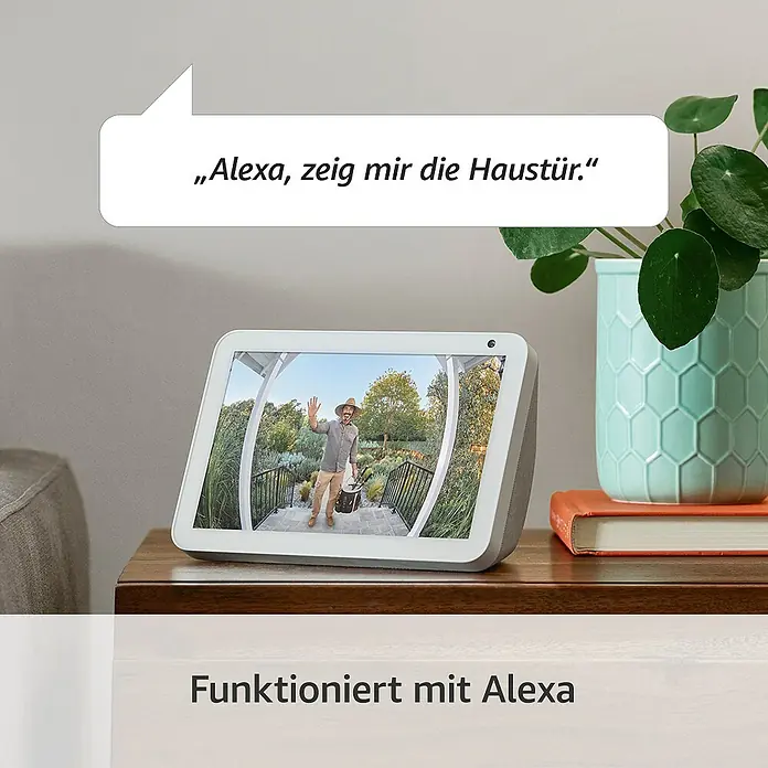 Ring Set Türklingel mit Kamera Video Doorbell Akku Plus + Funk-Gong Chime 2. Gen. - Nickel, 1.920 x 1.080 Pixel (Full HD), 2,8 x 6,2 x 12,8 cm - Sprachsteuerung leicht gemacht: Der smarte Echo Show mit brillanter Anzeige zeigt auf Zuruf das Livebild der Haustür.