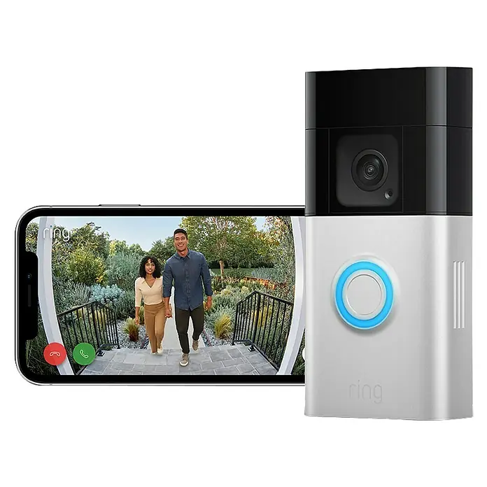 Ring Set Türklingel mit Kamera Video Doorbell Akku Plus + Funk-Gong Chime 2. Gen. - Nickel, 1.920 x 1.080 Pixel (Full HD), 2,8 x 6,2 x 12,8 cm - Ring Video Doorbell mit Smartphone-Ansicht eines Paares, das auf das Haus zugeht, für erweiterte Sicherheit.