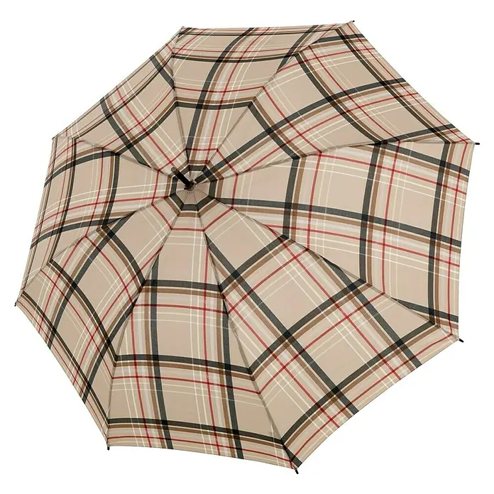 Doppler Regenschirm Fiber - Stockholm Beige, Durchmesser Bespannung: 100 cm, Länge: 88 cm - Ein hochauflösendes Bild eines Regenschirms mit einem klassischen Tartanmuster in Beige-, Rot-, Schwarz- und Weißtönen, ideal für Regentage.