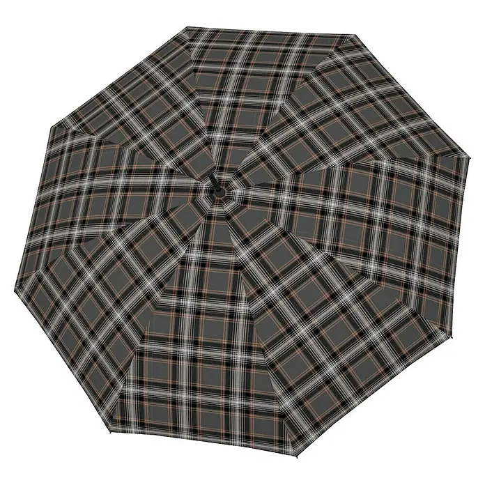 Doppler Regenschirm Fiber - Stockholm Brown Beige, Durchmesser Bespannung: 100 cm, Länge: 88 cm - Detailaufnahme eines geöffneten Schirms mit grauem Karomuster, das ein klassisches und elegantes Design präsentiert.