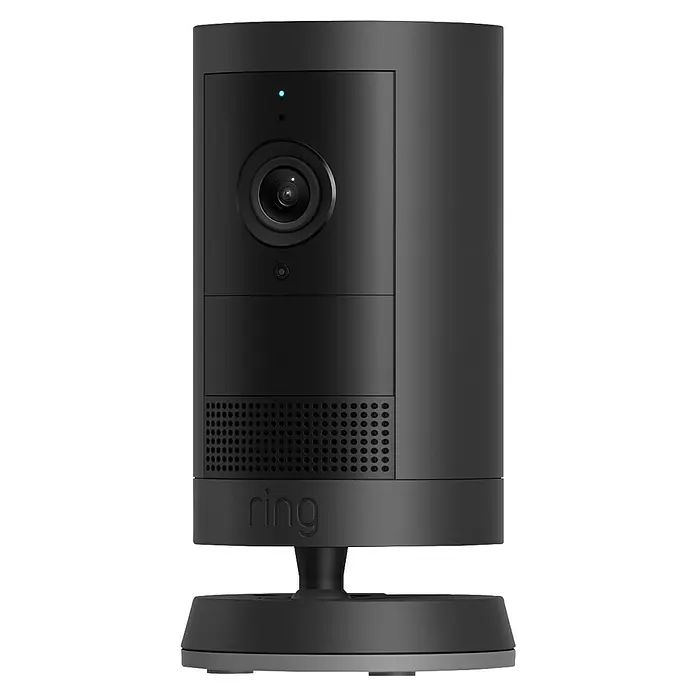 Ring Außenkamera Akku Plus - 2.048 x 1.536 Pixel (2K-HD), Schwarz - Schwarze Ring Sicherheitskamera mit runder Basis, die eine umfassende Überwachung für Ihr Zuhause bietet.\n