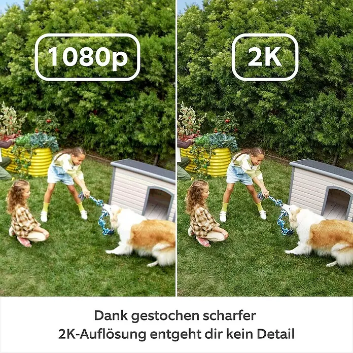 Ring Außenkamera Akku Plus - 2.048 x 1.536 Pixel (2K-HD), Schwarz - Bild, das die Unterschiede zwischen 1080p- und 2K-Auflösung zeigt, mit besserer Klarheit und Details in 2K.