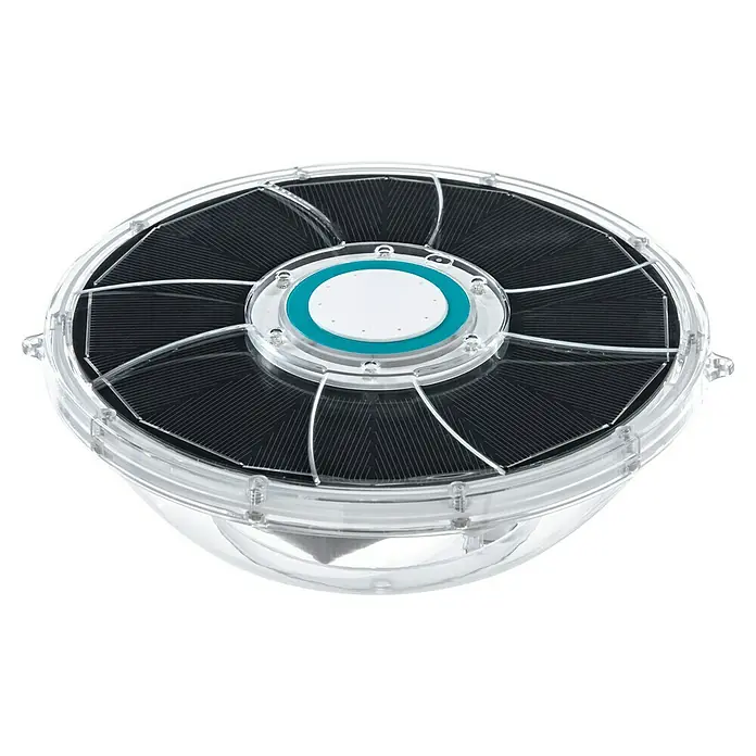 Bestway Sprinkler FloatBright™ - Transparent, Betriebsdauer: 3 h - Ein detailliertes Bild eines runden Solarpanel-Produkts mit einem klaren Kunststoffgehäuse und einem blau-weißen Mittelteil.