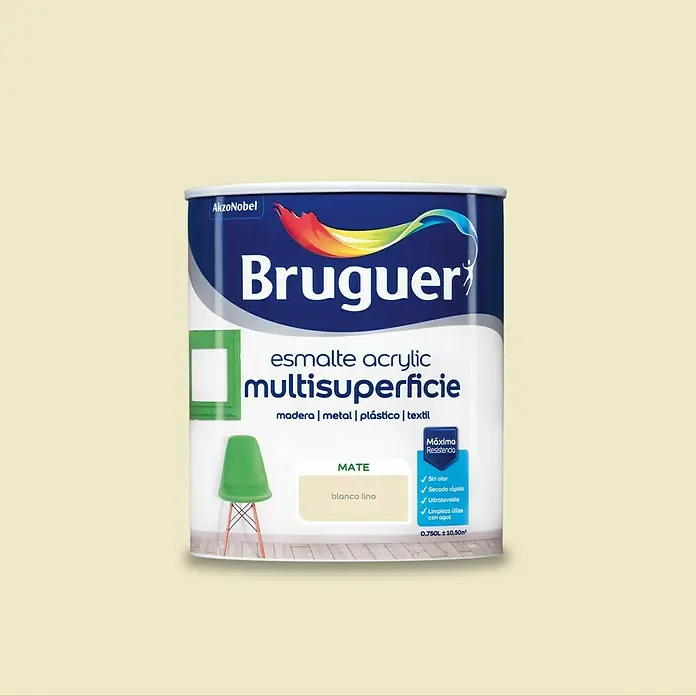 Bruguer Esmalte de color Acrylic Multisuperficie - Lino, Mate, 750 ml, Base de agua - Una lata de pintura acrílica multi-superficie Bruguer en blanco lino mate, ideal para madera, metal, plástico y textiles, ofreciendo máxima resistencia.