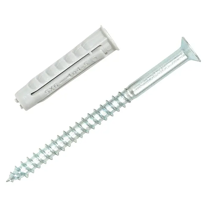 Element System Juego de tornillo y taco - Diámetro taco: 6 mm, Longitud taco: 30 mm, Niquelado - Detalle de un taco Fischer SX 6 con un tornillo galvanizado, ideal para fijaciones seguras en diversos materiales de construcción.