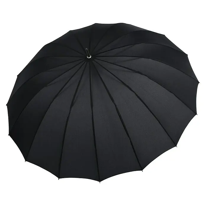 Doppler Regenschirm Hit Golf - Uni Black, Durchmesser Bespannung: 134 cm, Länge: 106 cm - Ein schwarzer Regenschirm, von oben fotografiert, der sich ideal für regnerische Tage eignet und vor Nässe schützt.