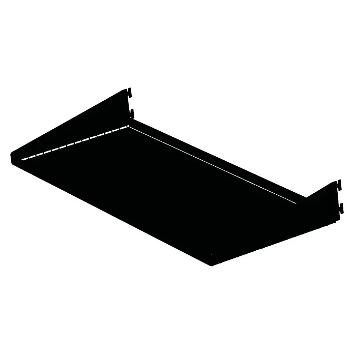 Element System Fachboden 50 - L x B: 300 x 800 mm, Passend für: Schienen mit Raster 50 mm, Schwarz - Schwarze Stahlkonstruktion in Dreipunktperspektive. Das Produkt ist stabil, robust und vielseitig einsetzbar.