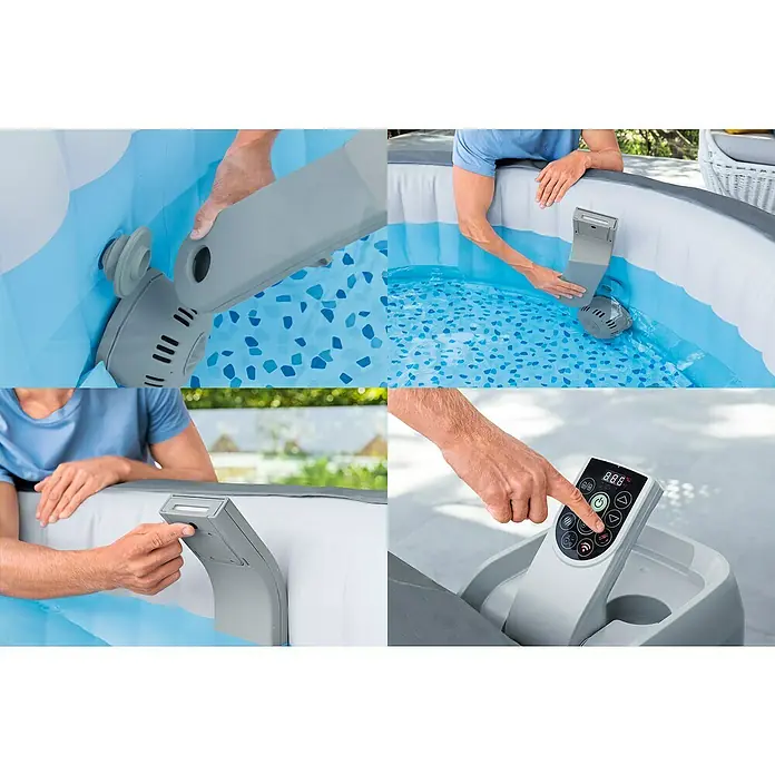 Bestway Lay-Z-Spa Schwalldusche Xtras LED - Passend für: Bestway® AirJet™, AirJet Plus™ & UltraFit™ - Whirlpools - Nahaufnahme eines Intex Whirlpools mit Bedienelementen, Filter und blauem Innenmuster.