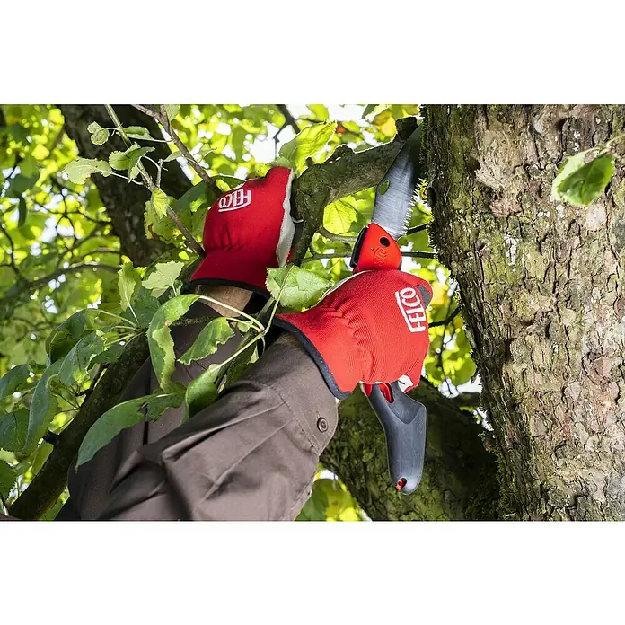 Felco Klappsäge 603 - Max. Aststärke: 100 mm - Nahaufnahme einer Person, die mit einer Felco-Baumsäge einen Ast durchsägt. Das Werkzeug wird mit Handschuhen benutzt, um die Sicherheit zu gewährleisten.