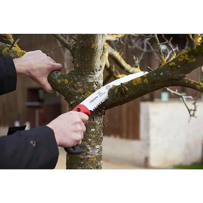 Felco Baumsäge 640 - Sägeblattlänge: 27 cm, Länge: 53 cm - Eine Person benutzt eine Handsäge von Felco, um einen Ast an einem Baum im Freien zu schneiden.