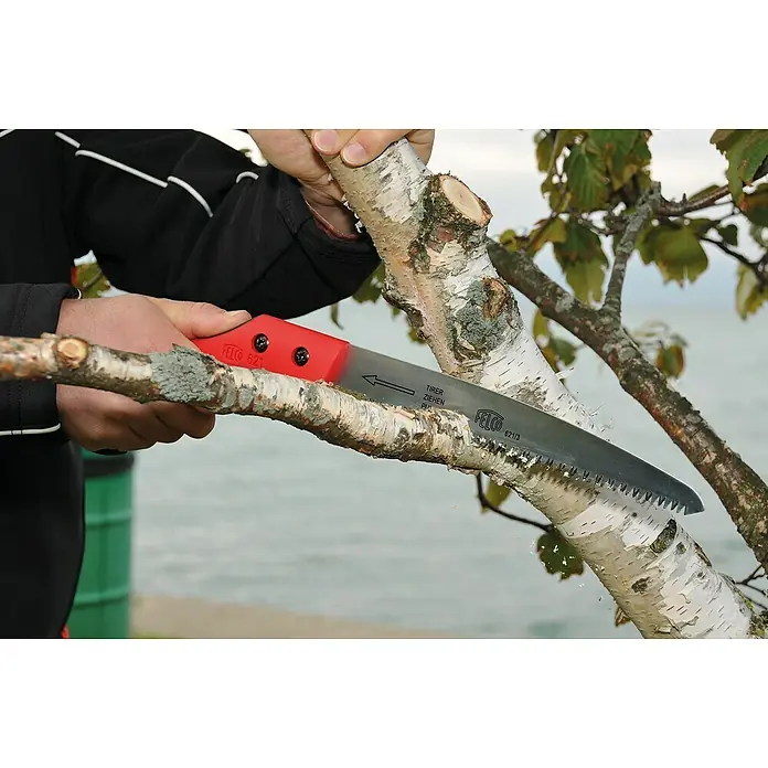 Felco Baumsäge 621 - 42 cm - Nahaufnahme einer Person, die mit einer Felco 621 Handsäge einen Ast abschneidet, im Hintergrund ein verschwommener See.