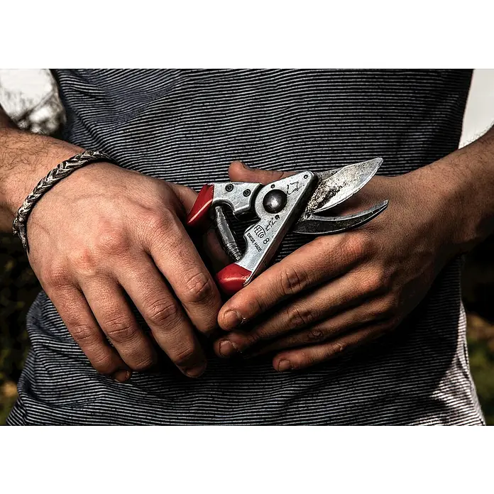 Felco Gartenschere 8 - Max. Aststärke: 25 mm - Nahaufnahme einer Person, die eine FELCO 8 Gartenschere mit roten Griffen in der Hand hält, auf einem gestreiften Hemd.