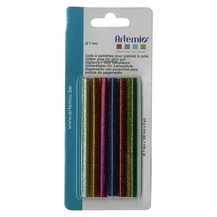 Artemio Purpurina - Multicolor, 6 ud. - Imagen del producto de barras de pegamento con brillo Artemio para pistola de pegamento, ideal para manualidades y decoración con efectos brillantes.