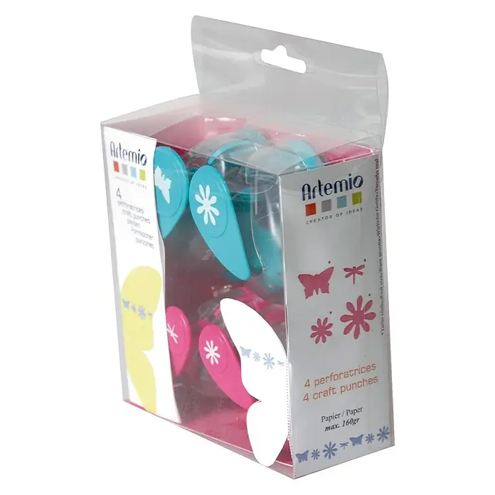 Artemio Perforadora kit 4 flores - Natura, 11 x 4,5 cm - Imagen del producto del juego de perforadoras de papel "Artemio" con 4 perforadoras en un embalaje transparente, ideal para manualidades.