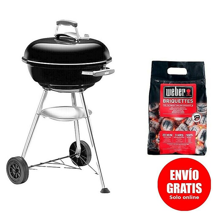 Weber Barbacoa redonda con tapa Compact Kettle 47 + Briquetas (Diámetro de la superficie de la parrilla: 47 cm, Negro/Plateado) | BAUHAUS