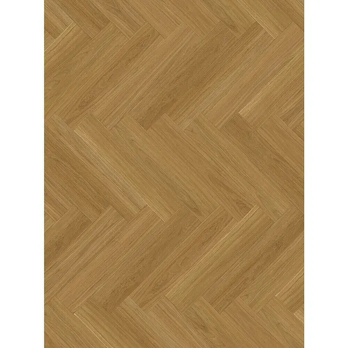 Parador Vinylboden Trendtime 3 - Eiche Oxford karamellbraun, Fischgrät, 730 x 146 x 5 mm - Detailaufnahme eines eleganten Holzfußbodens im Fischgrätmuster, der Wärme und klassischen Stil in jeden Raum bringt.