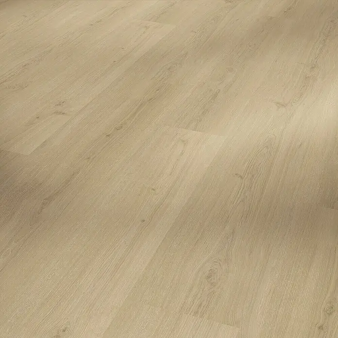 Parador Vinylbodenmuster Basic 30 Eiche Regent beige Gebürstete Struktur - 200 x 216 x 9,4 mm, Landhausdiele - Elegante Nahaufnahme eines hellen Laminatbodens mit feiner Holzstruktur, ideal für moderne Wohnräume.