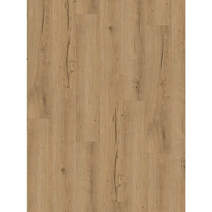 Parador Vinylbodenmuster Basic 30 Eiche Cambridge natur Gebürstete Struktur - 200 x 216 x 9,4 mm, Landhausdiele - Detailaufnahme von hellem Eichenlaminat mit Maserung und Ästen. Das Laminatboden-Design sorgt für eine warme und natürliche Optik im Raum.