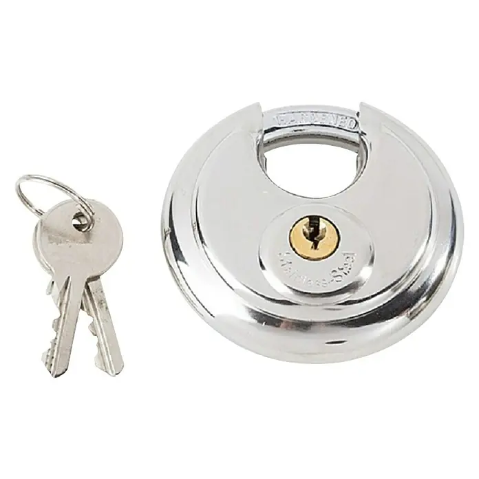 Stabilit Candado de disco - 70 mm, Acero - Un candado de disco redondo y brillante de acero inoxidable con dos llaves, diseñado para mayor seguridad.