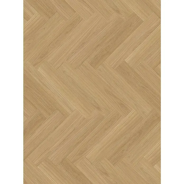 Parador Vinylboden Trendtime 3 - Eiche Oxford natur, Fischgrät, 730 x 146 x 5 mm - Fischgrätparkett: Ein elegantes Muster aus hellbraunen Holzplanken, perfekt für einen stilvollen und modernen Bodenbelag.