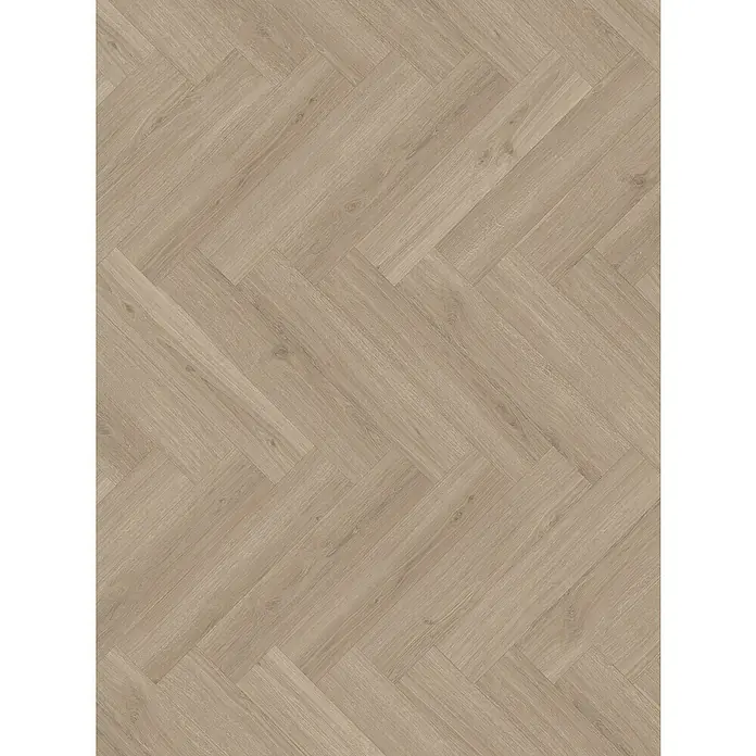 Parador Vinylboden Trendtime 3 - Eiche Regent grau, Fischgrät, 730 x 146 x 5 mm - Detailaufnahme eines beigen Parkettbodens im Fischgrätmuster, der eine warme und einladende Atmosphäre ausstrahlt.\n