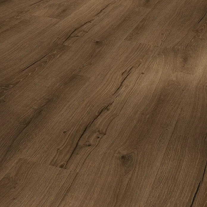 Parador Vinylbodenmuster Basic 30 Eiche Cambridge geräuchert Gebürstete Struktur - 200 x 216 x 9,4 mm, Landhausdiele - Nahaufnahme von Laminatboden in warmen Brauntönen mit deutlicher Holzmaserung und Astlöchern, ideal für Wohnräume.