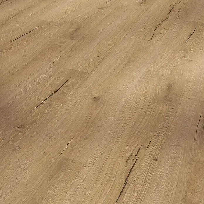 Parador Vinylbodenmuster Basic 30 Eiche Cambridge natur Gebürstete Struktur - 200 x 216 x 9,4 mm, Landhausdiele - Nahaufnahme von Laminatboden in Holzoptik mit Maserung und Astlöchern für ein realistisches Aussehen.