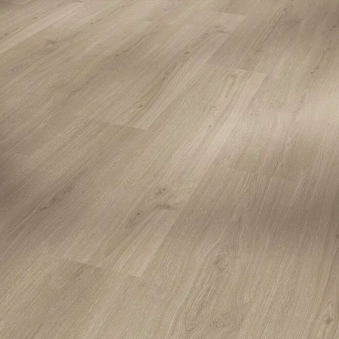 Parador Vinylbodenmuster Basic 30 Eiche Regent grau Gebürstete Struktur - 200 x 216 x 9,4 mm, Landhausdiele - Hochauflösendes Bild von hellem Laminatboden, der eine warme und einladende Atmosphäre erzeugt und sich ideal für moderne Innenräume eignet.