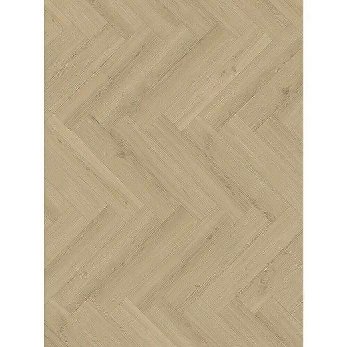 Parador Vinylboden Trendtime 3 - Eiche Regent beige, Fischgrät, 730 x 146 x 5 mm - Nahaufnahme von hellbeigem, glattem Laminatboden im Fischgrätmuster, ideal für moderne Wohnräume mit zeitloser Eleganz.