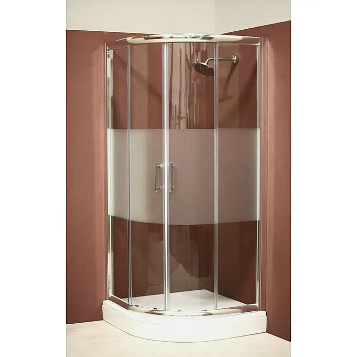 GEO Made for You Runddusche - 80 x 80 x 195 cm, Verchromt, Chrom - Hier ist eine Nahaufnahme einer modernen Duschkabine mit satinierten Glaspaneelen und Chrombeschlägen, die ein elegantes Badezimmerdesign zeigt.
