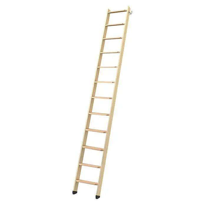 Star Stairs Hochbettleiter - Holz, Natur, Anzahl Stufen: 12 Stk., Geschosshöhe: 284 cm - Eine helle Holztreppe ist in einem Winkel aufgebaut und besteht aus Sprossen. Sie eignet sich ideal für den Zugang zu Dachböden oder ähnlichen erhöhten Bereichen.
