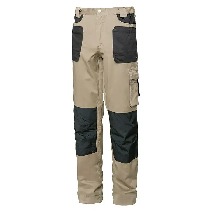 Industrial Starter Pantalones de trabajo Stretch - Caballeros, XL, Beige/Negro - Pantalones de trabajo o casual beige resistentes con refuerzos negros en las rodillas y los bolsillos. Ideal para el trabajo y el ocio.