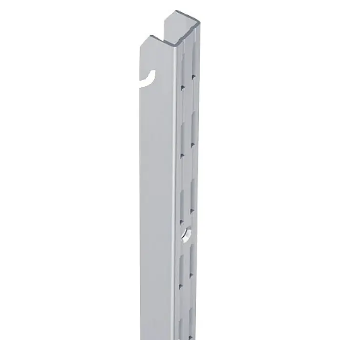 Element System Easy Hängeschiene 32 - Länge: 200 cm, Zweilochsystem - Produktbild einer silbernen Regalschiene mit Haken und Löchern für die individuelle Regalanpassung.