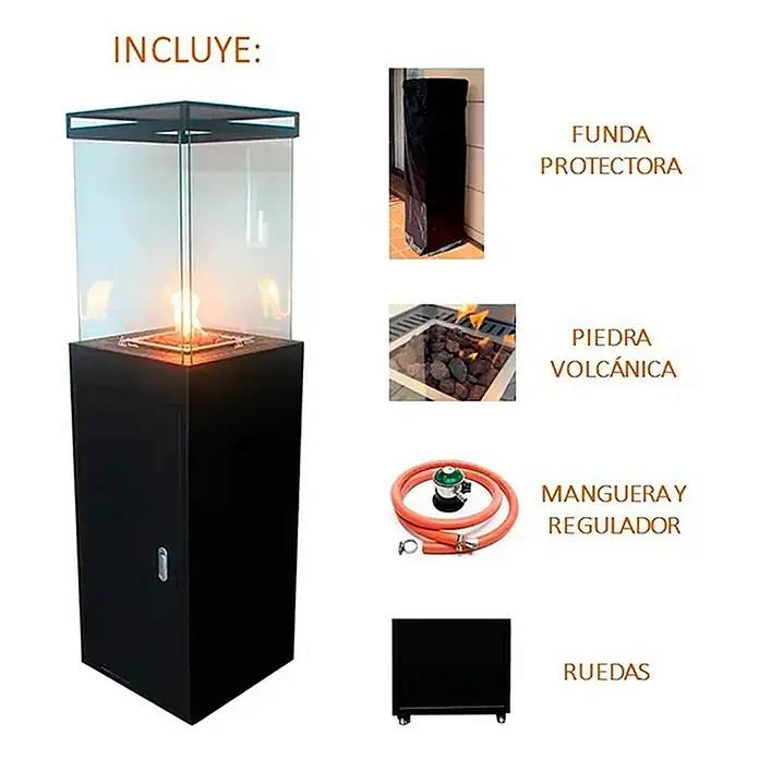 Nora Flames Estufa de exterior Babel - 10 kW, Altura: 155 cm - Juego de calentador de patio con cubierta, piedra volcánica, manguera, regulador y ruedas.