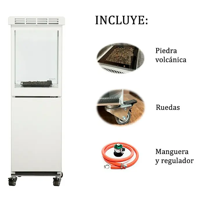 Nora Flames Estufa de exterior Aspro - 8 kW, Altura: 155 cm - Imagen del producto con horno de parrilla, rocas de lava, ruedas y regulador de gas. Ideal para los amantes de la parrilla.