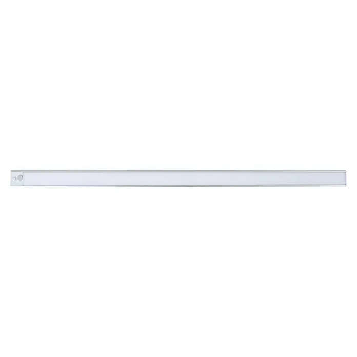 REV Akku-Unterbauleuchte - L x B x H: 600 x 39 x 9 mm, Lichtfarbe: Warmweiß, 160 lm - Silberne LED-Leuchte mit Bewegungssensor für Schränke oder Regale, die eine helle, effiziente Beleuchtung bietet.
