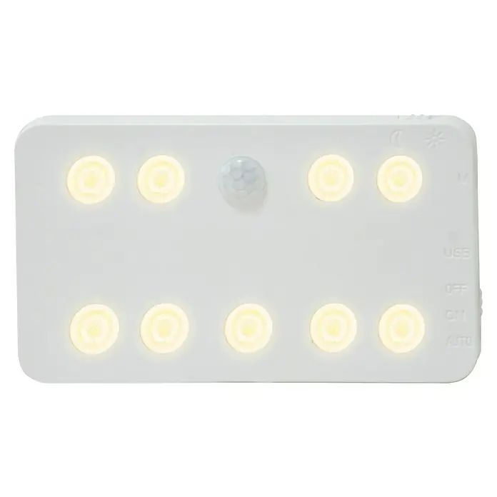 REV LED-Wandleuchte Akku-Spotleuchte - L x B x H: 120 x 70 x 10 mm, Weiß - Nahaufnahme einer LED-Leuchte mit Bewegungssensor. Beleuchtung mit verschiedenen Einstellungsoptionen, einschließlich USB-Aufladung.