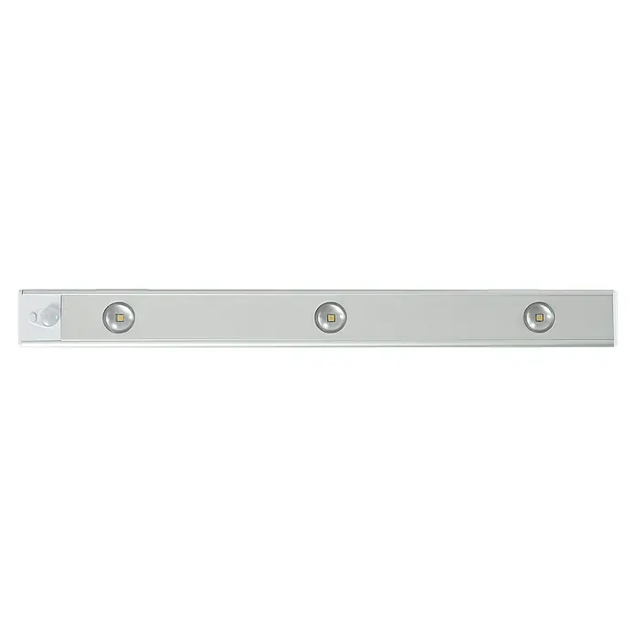 REV Akku-Unterbauleuchte Spot - L x B x H: 400 x 39 x 9 mm, Lichtfarbe: Warmweiß - Eine LED-Leuchte in Silber mit drei Lichtpunkten. Ideal für Küche oder Bad, bietet sie helles, effizientes Licht und moderne Optik.