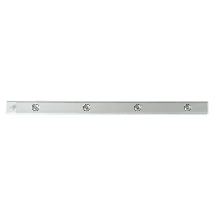 REV Akku-Unterbauleuchte Spot - L x B x H: 600 x 39 x 9 mm, Lichtfarbe: Warmweiß - Eine Nahaufnahme einer LED-Leiste mit vier einzelnen LEDs, die in ein schlankes, modernes Gehäuse eingebettet sind.